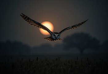 Fototapeta premium Silent Barn Owl Stealthily Hunting Over Moonlit Field at Night