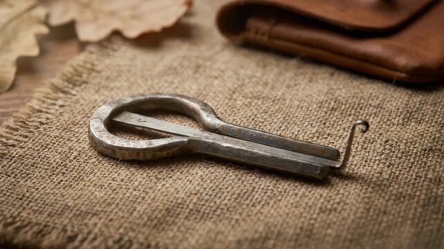 metal jaw harp resting on rough linen fabric orbit video
