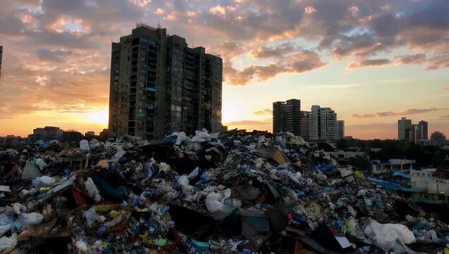 Dramatic 4K cinematic footage of an apocalyptic urban wasteland featuring towering piles of toxic waste dwarfing residential buildings under sunset emphasizing dystopian urban decay creative 