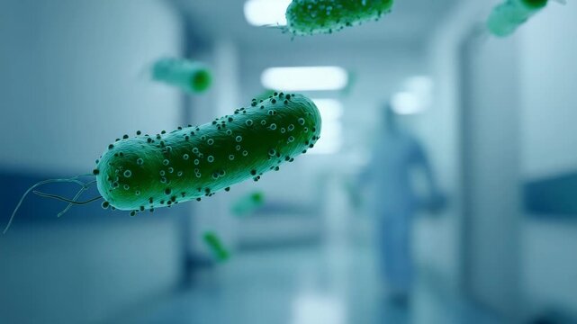 concept of floating bacteria particles in the air inside a hospital corridor, detailed green rod-shaped bacteria (bacilli) with realistic texture and tiny surface dots, sharp bacte 4K