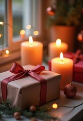 Charming Still Life Arrangement Under Soft Candle Glow and Elegant Gift Wrapping