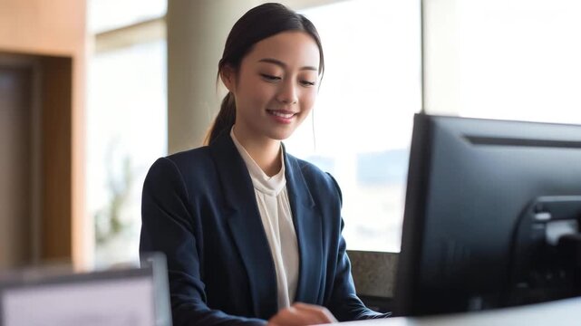 East Asian receptionist woman working at an office front desk, natural friendly smile, business blazer and white blouse, computer monitor on desk, authentic modern office lobby 4K