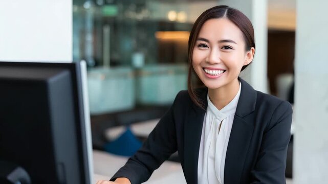 East Asian receptionist woman working at an office front desk, natural friendly smile, business blazer and white blouse, computer monitor on desk, authentic modern office lobby 4K