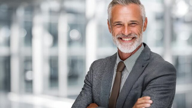 Successful mature business man confidently standing in a modern office, showcasing professionalism and expertise during a productive workday