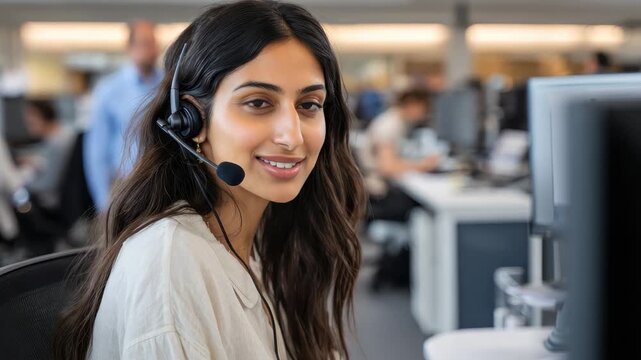 Smiling female Indian employee effectively multitasking while working at a modern office environment during daytime hours