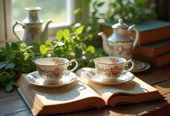 Fototapeta premium Vintage Romantic Setting with Fine Porcelain Tea Set, Vintage Books and Botanical Elements in Natural Lighting