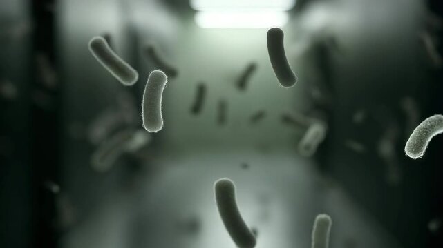 infection visualization, detailed bacilli bacteria floating in air, realistic biological texture, clinical cold lighting, minimal stylization, subtle  4K