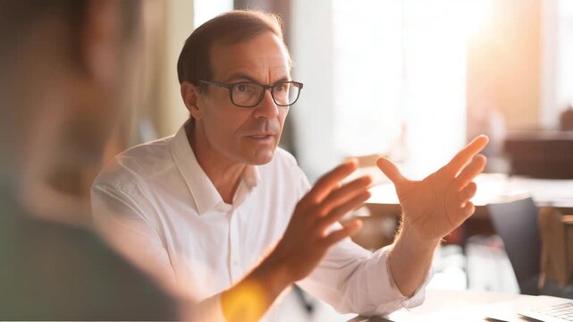 business conversation at a table, man wearing glasses explaining something with hand gestures, colleague blurred in foreground, authentic office or cafe environment, natural  4K