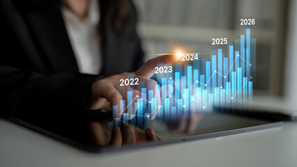 Business bar chart and line graph showing yearly business growth from 2022 to new year 2026,...