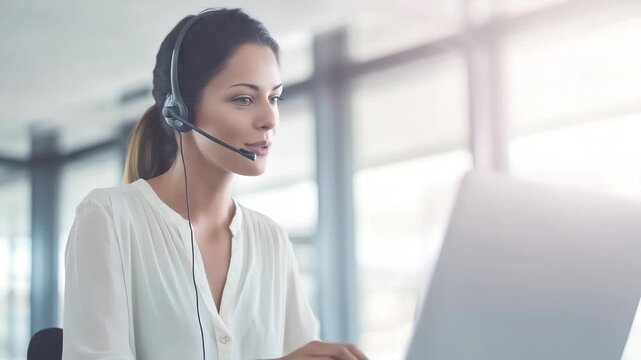young professional customer support woman wearing a call center headset with microphone, sitting at a desk and working on a laptop, focused friendly expression 4K