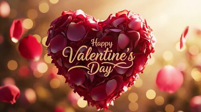 Heart shape formed from falling red rose petals with happy valentine day calligraphy text against glowing bokeh background in motion