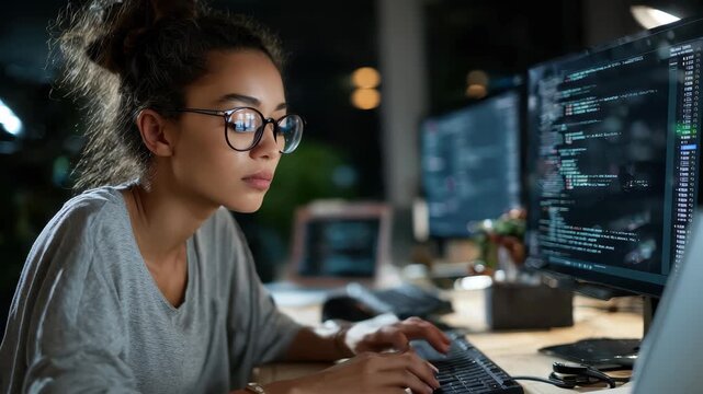 Young multiethnic female software developer focusing intensely on coding in a modern office environment during evening hours