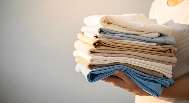Person holding a stack of clean folded towels and clothes with copy space