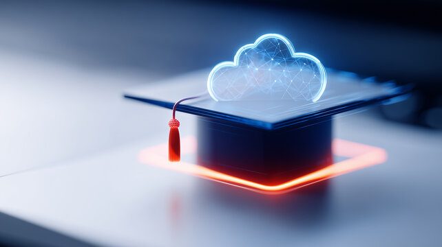 Graduation cap with a cloud network icon representing online education, e learning platforms and digital classrooms.
