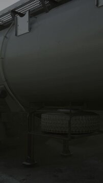 moody tanker trailer underside at night, metal flanks and support struts, wet asphalt reflecting dim blue light, riveted seams and service fittings visible,