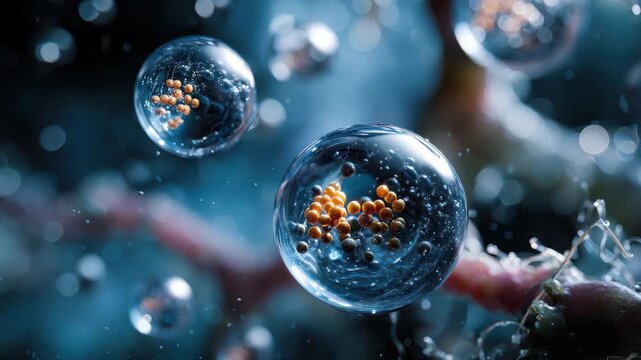Synthetic chemical nanoparticles suspended in solution showcasing intricate interactions and behaviors in a controlled environment