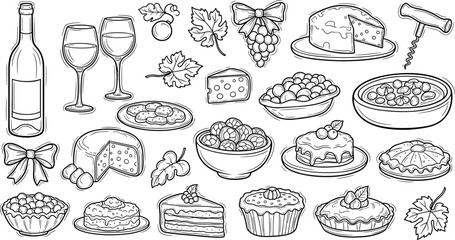 Collection of Delicious Food and Drink Illustrations Wine, Cheese, Desserts, and More