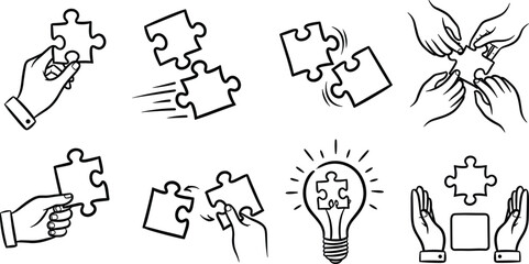 Engaging line art vector set visualizing the process of finding solutions, fostering teamwork, and sparking new ideas with symbolic puzzle piece connections