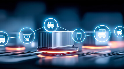 Fototapeta premium Smart logistics container with connected transport icons illustrating intelligent supply chain management. 