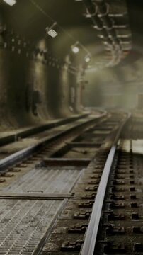 misty rail approach with diffuse lighting, calm empty platform mood, soft haze over sleepers, quiet urban undercroft, subtle reflections and muted tones