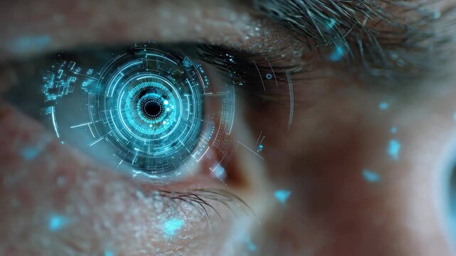 Close-up of young male eye with blue iris showcasing advanced technology in slow motion enhances perception of digital elements surrounding it
