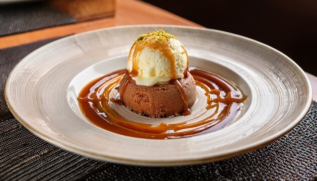 Mammi Dessert With Ice Cream And Caramel Sauce In Elegant Restaurant Setting