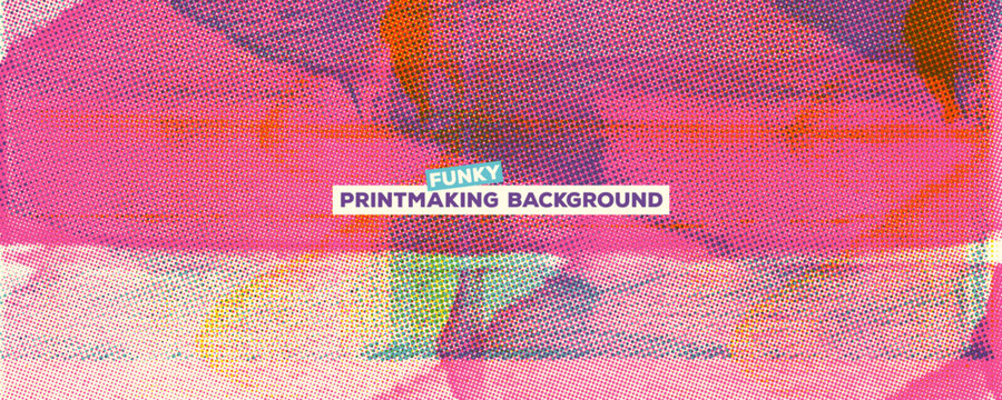 Punk pink risograph print texture background with text template. Hand drawn urban street art texture background. Halftone overlay effect. Analog linocut print. Stencil ink roller vector bg.