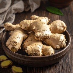 Fototapeta premium Tubercules de gingembre déposés dans un plat sur une table en bois rustique. Generated Image. 