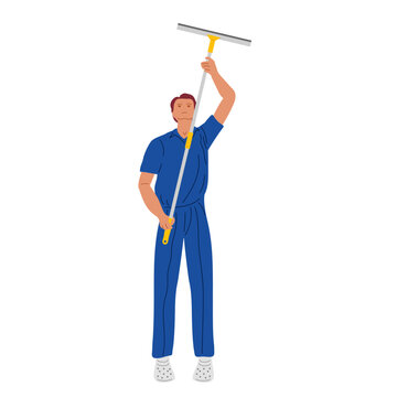 Young man in blue overalls holding long window squeegee. Professional cleaning, window cleaning business. Flat vector character 