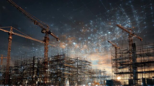 Modern construction technology transforming a construction site into a smart building environment at sunset with cranes and scaffolding
