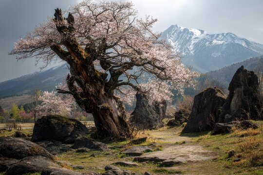 A solitary cherry tree stands against the rugged backdrop of Mt. Iwate.