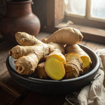 Tubercules de gingembre d&eacute;pos&eacute;s dans un plat sur une table en bois rustique. Generated Image. 