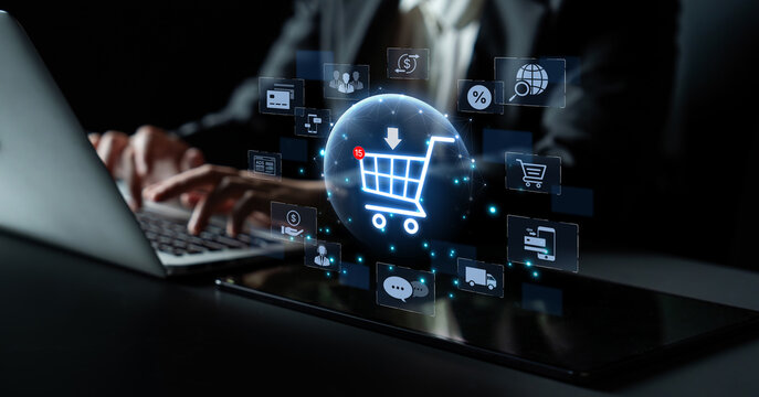 Concept of e-commerce and online shopping technology. A digital marketplace with a customer shopping cart, payment options, and worldwide delivery for a complete retail experience. Fermion