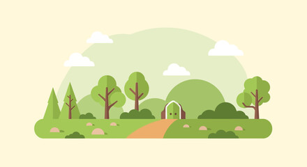 Fototapeta premium Tranquil rural landscape with rolling hills, scattered trees, a winding path, and a cozy cottage nestled in greenery.