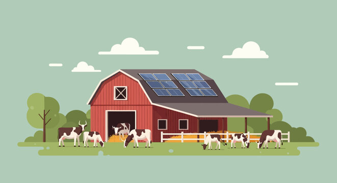 Pastoral farm scene with a red barn, grazing cows, and lush pastures under a clear blue sky.