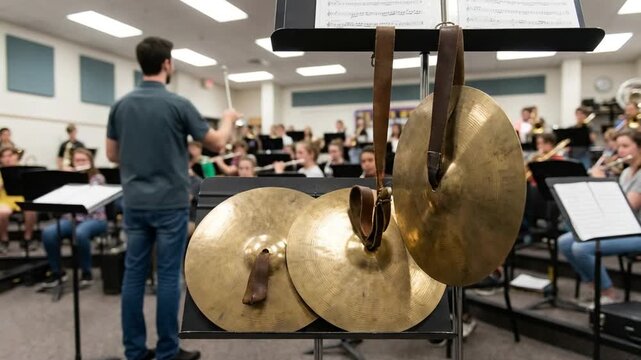 pair of marching cymbals hanging from straps in rehearsal hall video