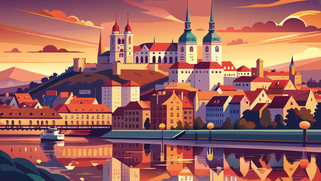Very beautiful sunset cityscape of Bratislava, the capital of Slovakia, featuring historic architecture, river reflections, warm sky tones, and a peaceful European urban atmosphere.