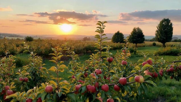 Cinematic 4K aerial panorama of an apple orchard during golden hour at sunset highlighting tree rows warm lighting idyllic rural landscape agriculture nature stock 