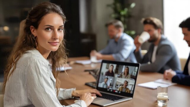 Engaging online video conference with remote participants and a focused presenter in a modern workspace