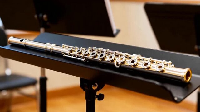 piccolo flute resting on black music stand in quiet practice room video