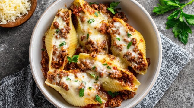 Delicious stuffed pasta shells with meat and cheese garnished with fresh parsley.