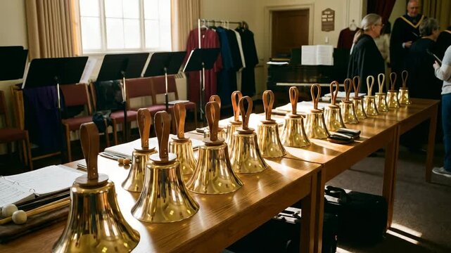 set of polished handbells arranged on table in choir rehearsal room video