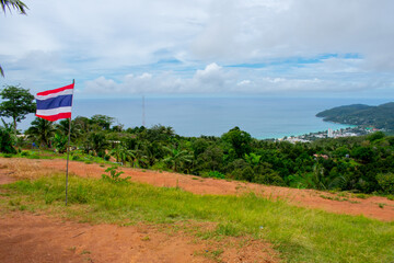 Aerial view from Big Buddha on Coast of Phuket Island in Thailand. Beautiful landscape Jungle and turquoise blue water of Andaman Sea 