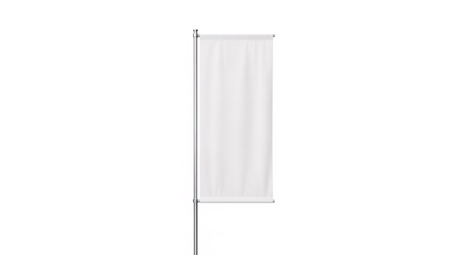 Single vertical white banner on pole isolated on white background, minimal advertising flag template for corporate branding or event mockup.