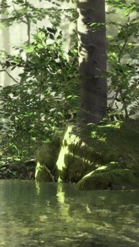mossy trunk reflection calm water pool, close view of textured bark and vibrant green moss at water edge, tranquil microhabitat with soft ripples and shaded