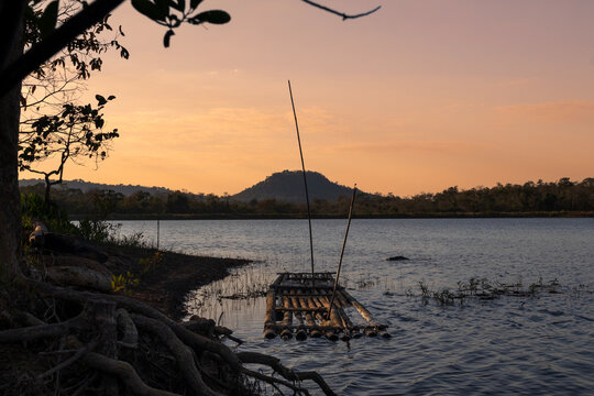 Sunset Over Huai Thao Reservoir Hidden in the Mountain Valley of Phu Phayol, Sakon Nakhon, Thailand