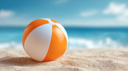 Obraz premium Colorful beach ball on sandy shore with ocean waves in background.
