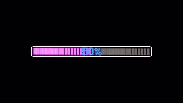 Purple Pixel Style Loading Bar Percentage on Black Background, Retro Digital Progress Indicator, Game UI Interface Animation, High Detail 4K Video