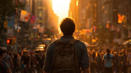 Obraz premium Young caucasian male with backpack standing in busy city street at sunset.