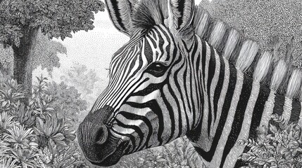 Fototapeta premium Detailed black and white zebra in lush forest setting.